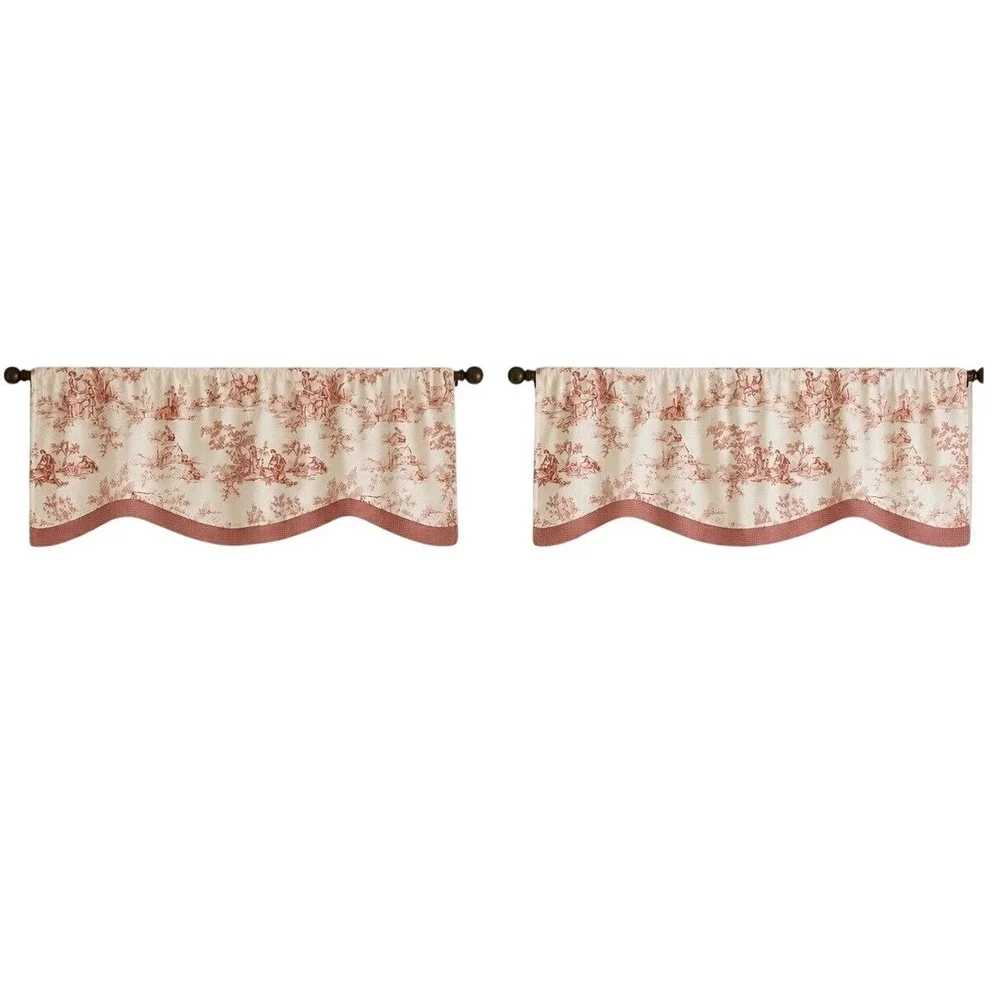 Vintage Country Curtains Red Toile Valance Pair Scalloped French Country Cottage